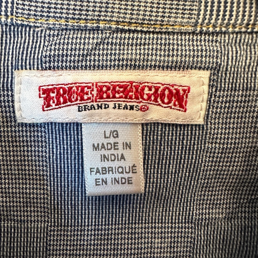 True Religion Size Large Checkerboard Chambray Blue Long Sleeve Western Shirt - Picture 4 of 10